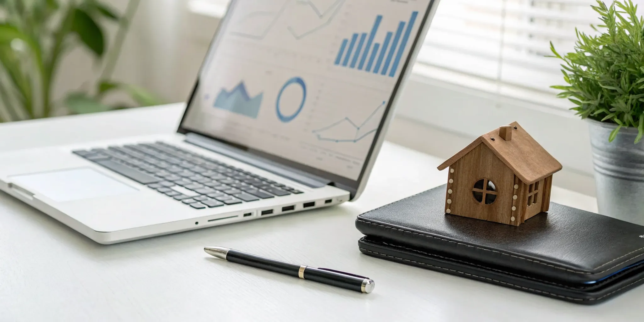 A desk set up for real estate investor bookkeeping with a laptop, house model, and financial charts.