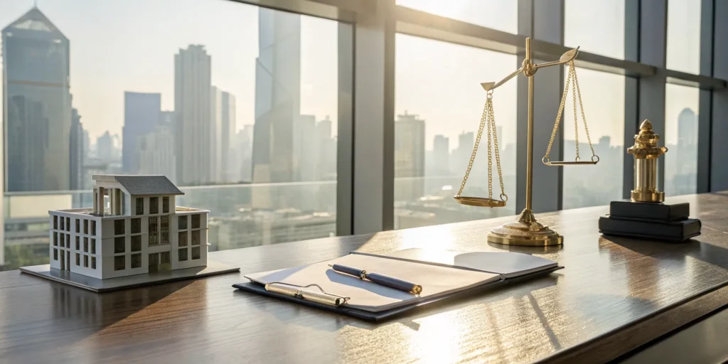 Scales of justice, a property model, and documents symbolizing legal real estate tax loopholes.