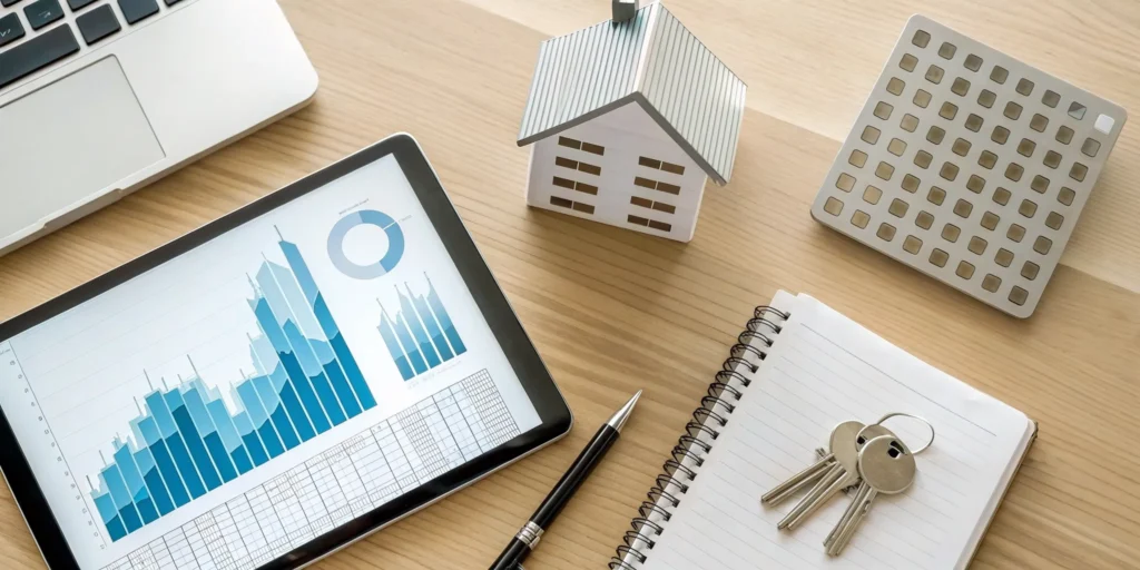 Tablet with financial charts and a house model for real estate accounting and bookkeeping services.