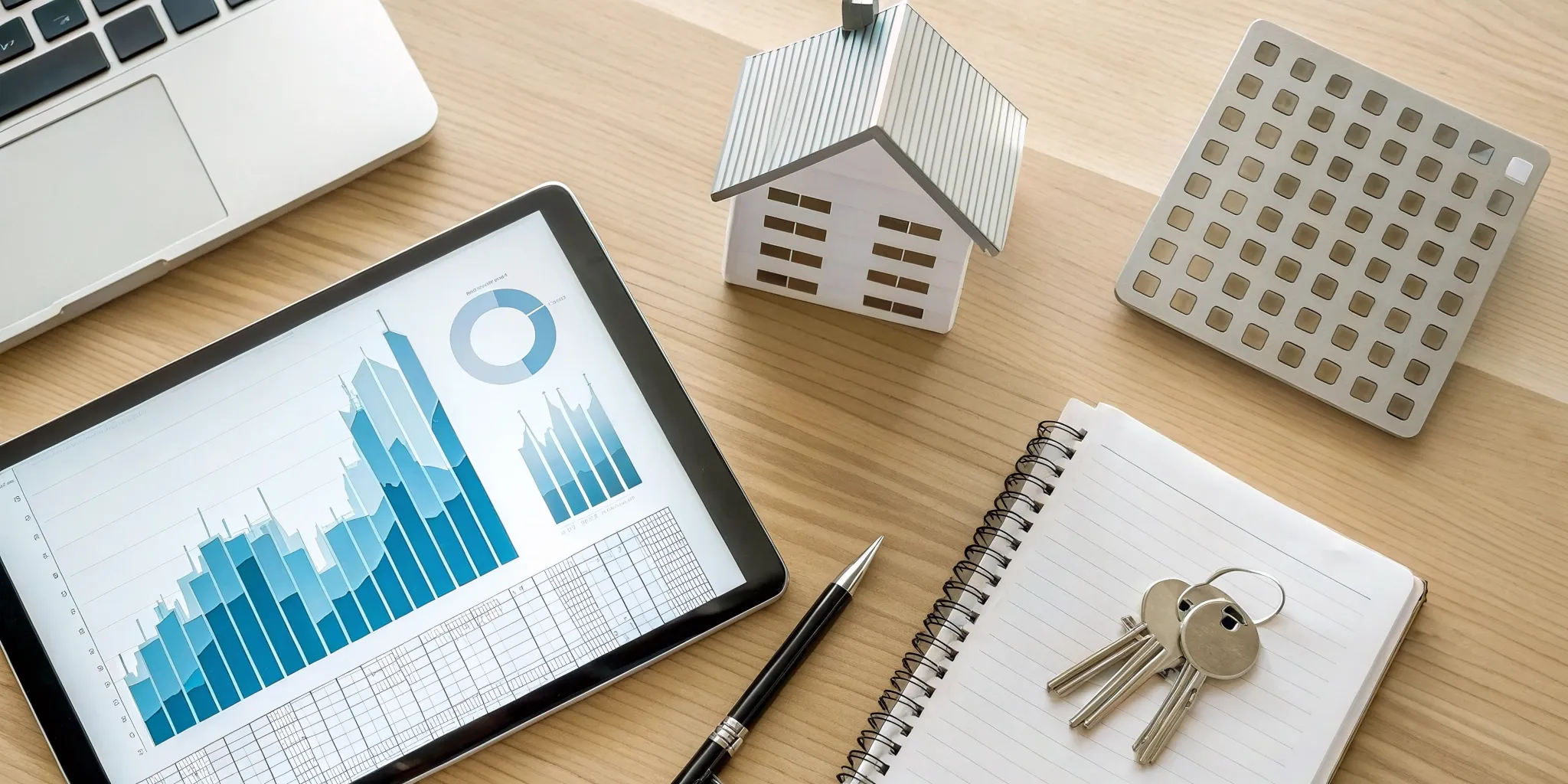 Tablet with financial charts and a house model for real estate accounting and bookkeeping services.