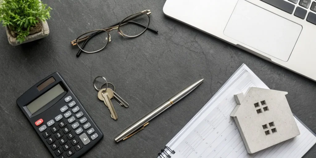 A calculator and house model on a desk for planning rental property tax write-offs.