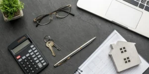 A calculator and house model on a desk for planning rental property tax write-offs.