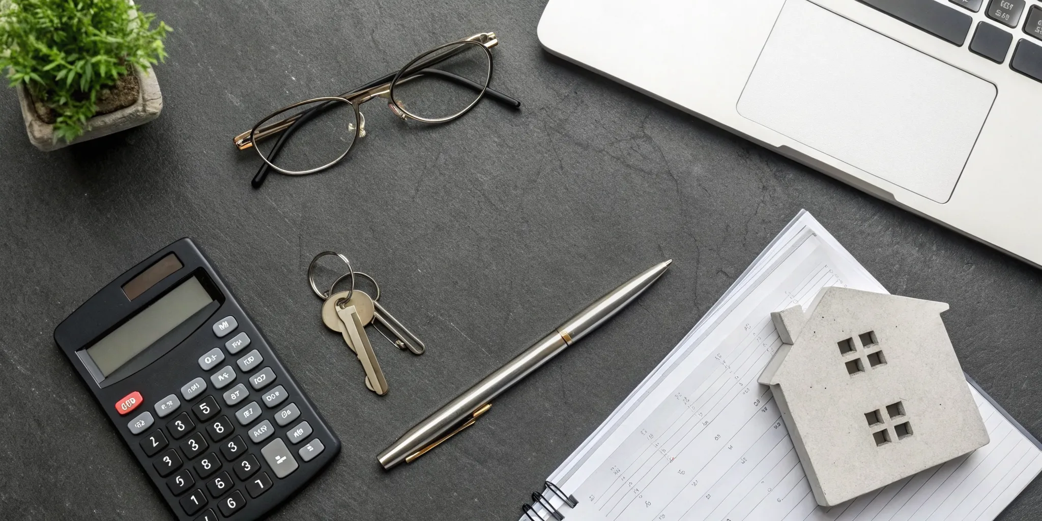 A calculator and house model on a desk for planning rental property tax write-offs.