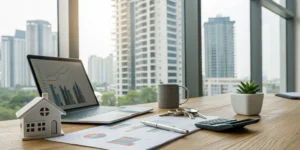 Laptop with financial charts and a house model on a desk for rental property accounting.