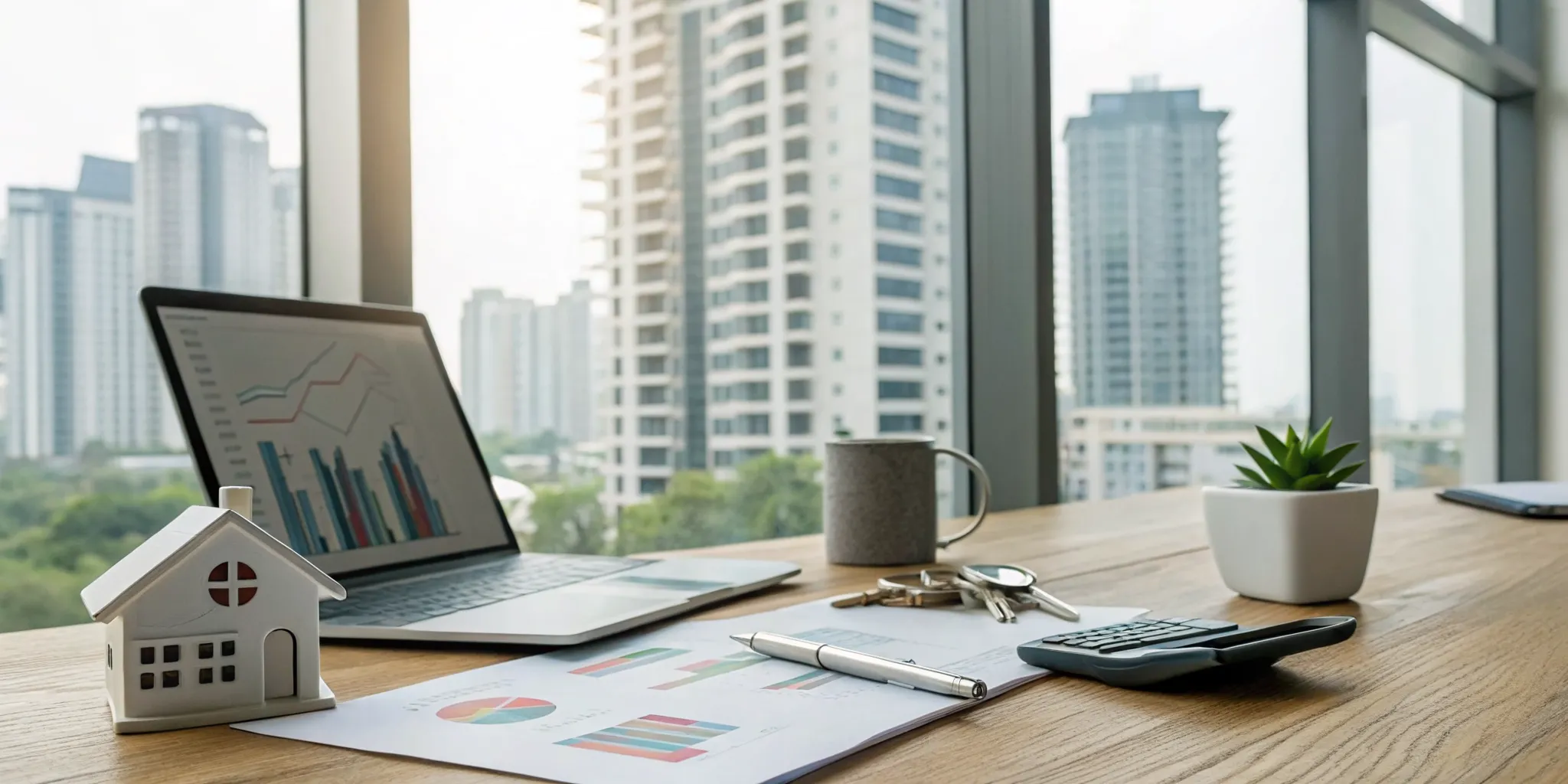 Laptop with financial charts and a house model on a desk for rental property accounting.