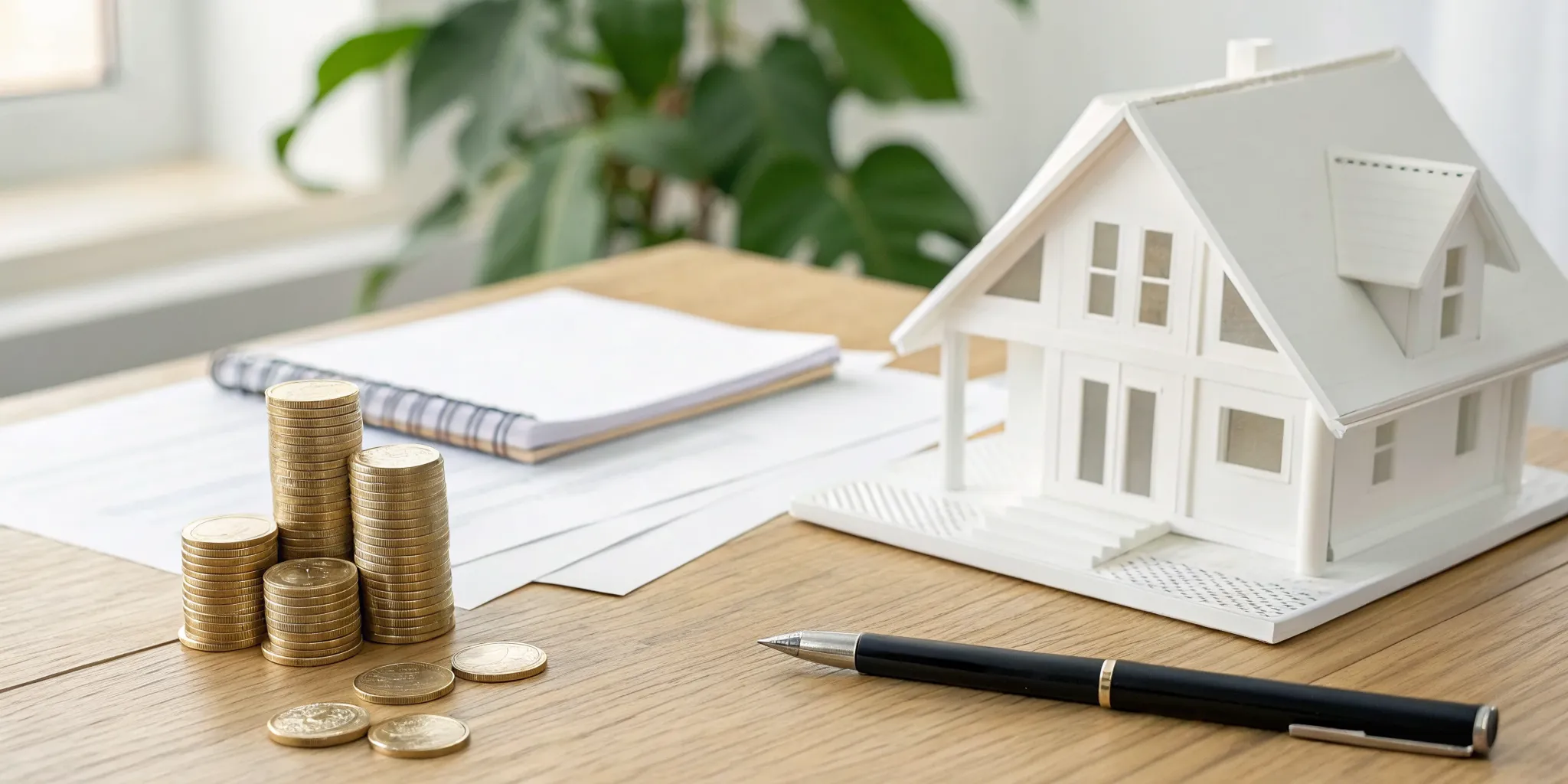 Calculating real estate tax deductions with a house model, coins, and documents.