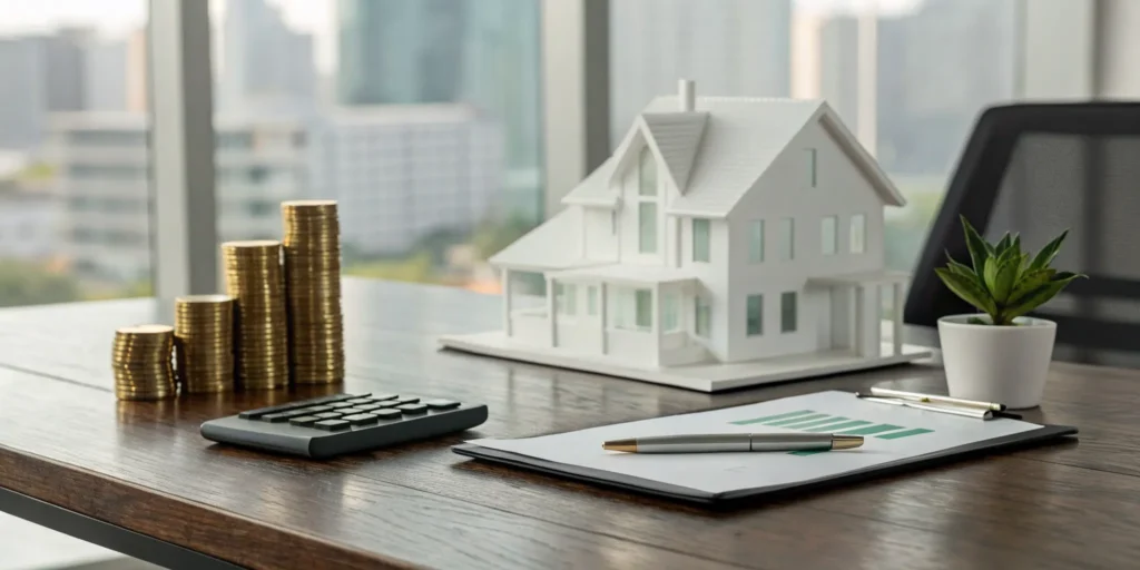 House model, calculator, and coins on financial documents for real estate tax savings.