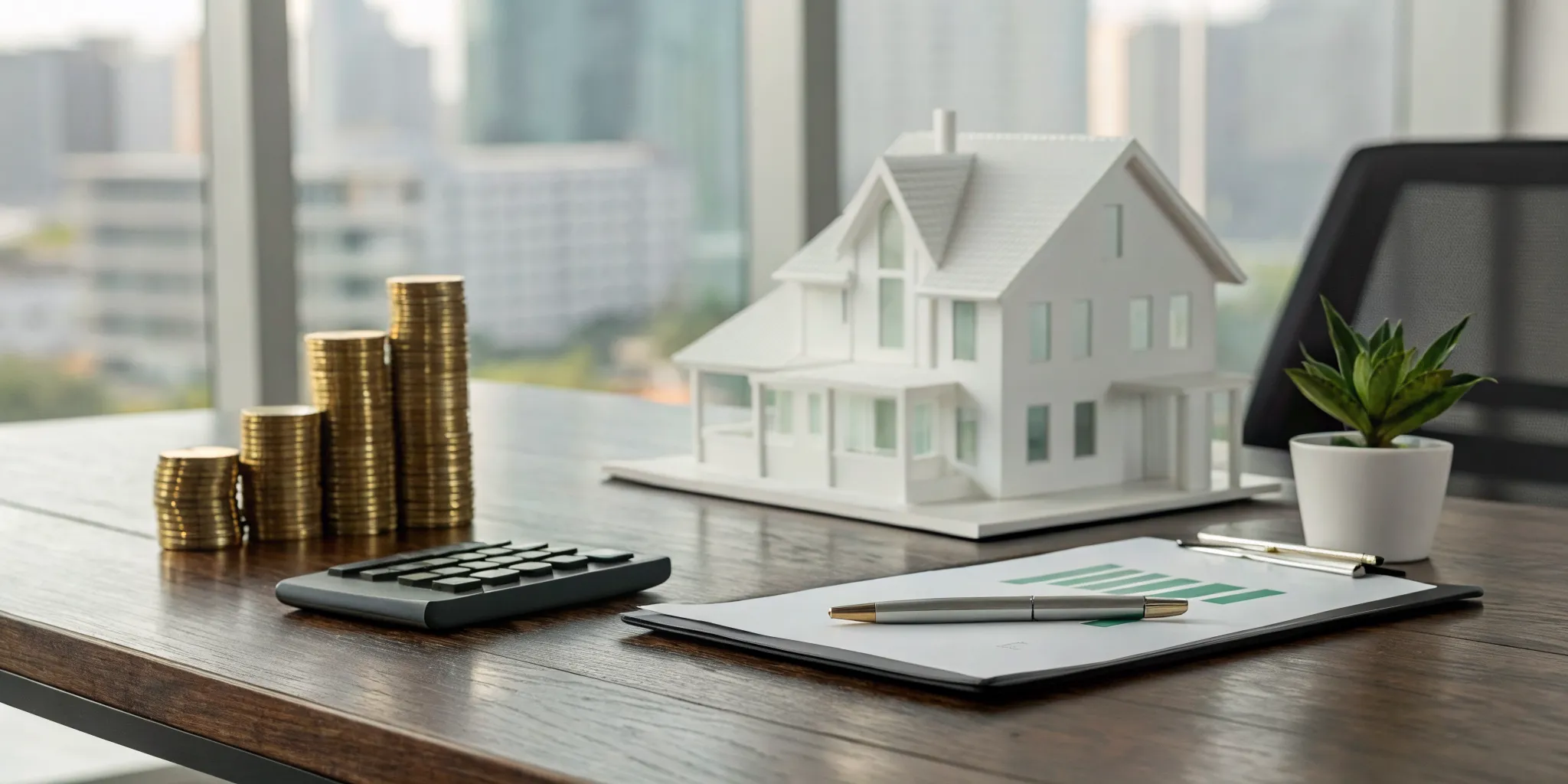 House model, calculator, and coins on financial documents for real estate tax savings.