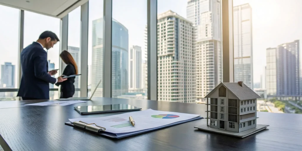 Real estate financial advisor reviewing property investment documents with a client.
