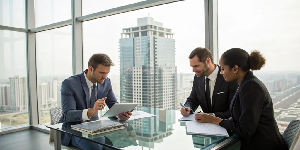 A real estate tax planning firm's professionals discussing tax strategies with a client.