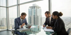A real estate tax planning firm's professionals discussing tax strategies with a client.