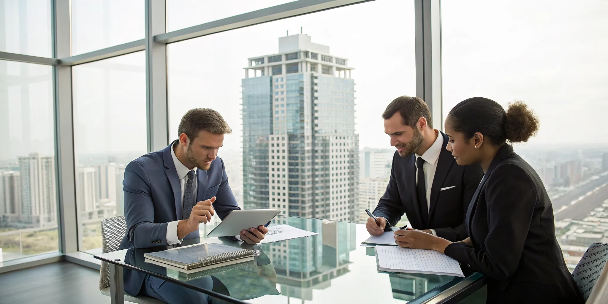 A real estate tax planning firm's professionals discussing tax strategies with a client.