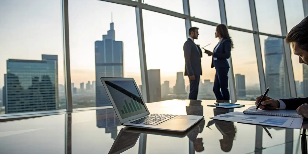 A tax strategist and real estate investors discussing tax strategies with financial charts.