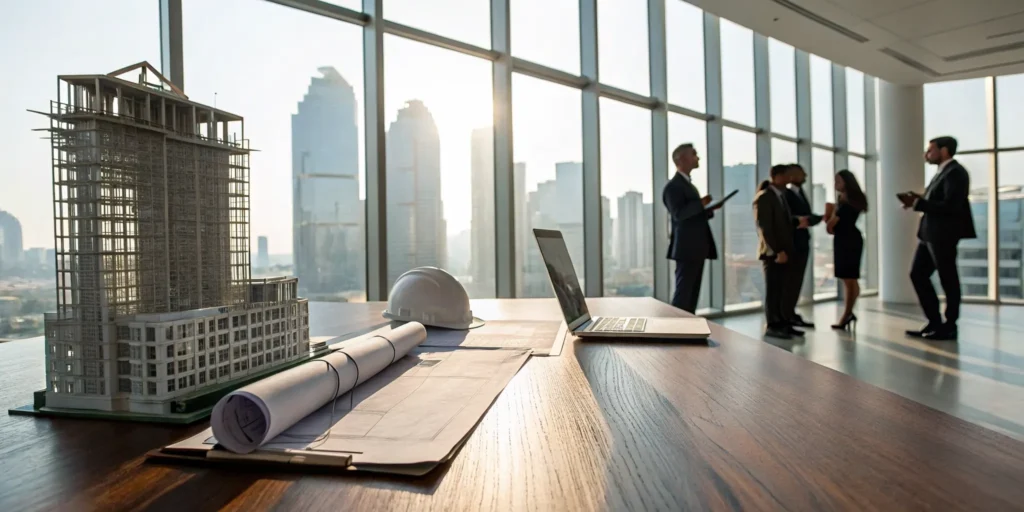 Real estate business consultants planning an investment with a building model, blueprints, and a laptop.