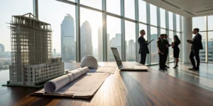 Real estate business consultants planning an investment with a building model, blueprints, and a laptop.