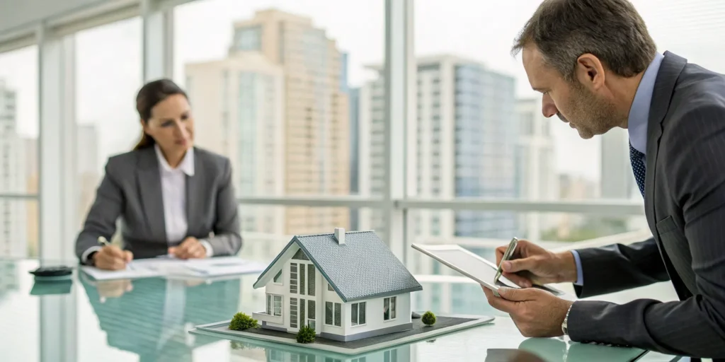 A tax consultant and a real estate investor discussing tax strategy with a house model on the table.