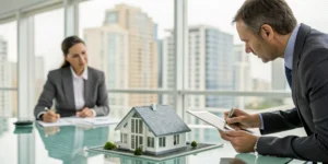 A tax consultant and a real estate investor discussing tax strategy with a house model on the table.