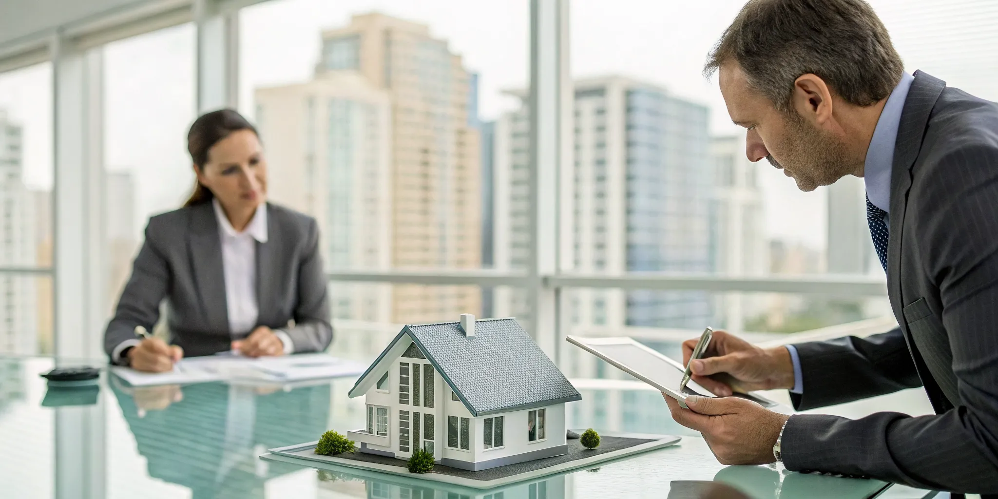A tax consultant and a real estate investor discussing tax strategy with a house model on the table.