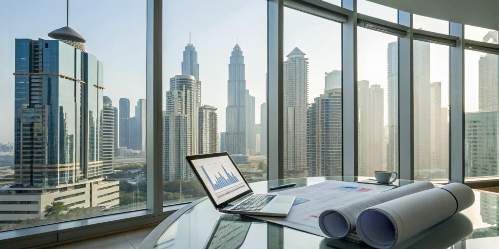 Financial charts and blueprints on a desk overlooking a city, for real estate investors using CFO services.