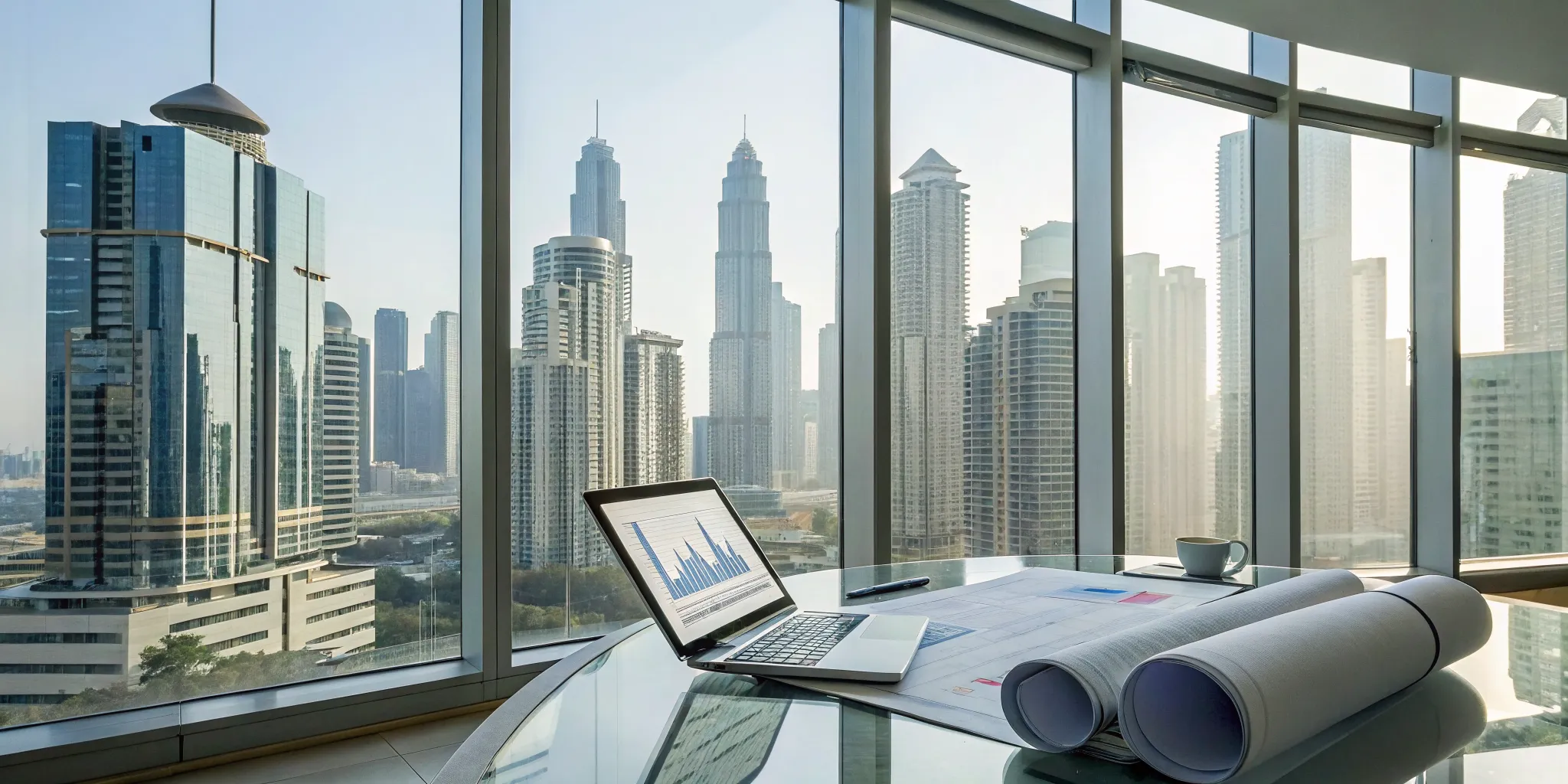 Financial charts and blueprints on a desk overlooking a city, for real estate investors using CFO services.