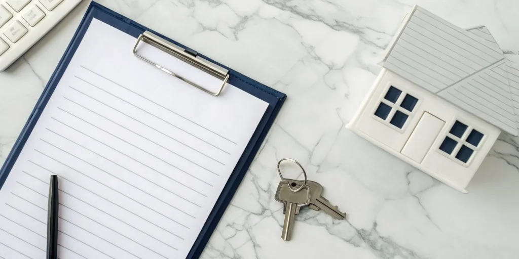 A clipboard with a real estate tax planning checklist next to a house model and keys.