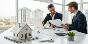 Real estate investor CPA reviewing financial documents and tax plans with a client.