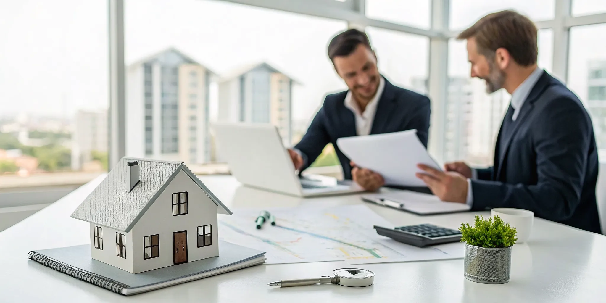 Real estate investor CPA reviewing financial documents and tax plans with a client.