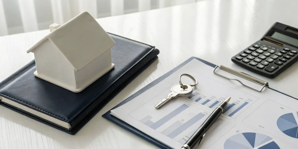 Planning real estate tax strategies with a model house, calculator, and financial charts.