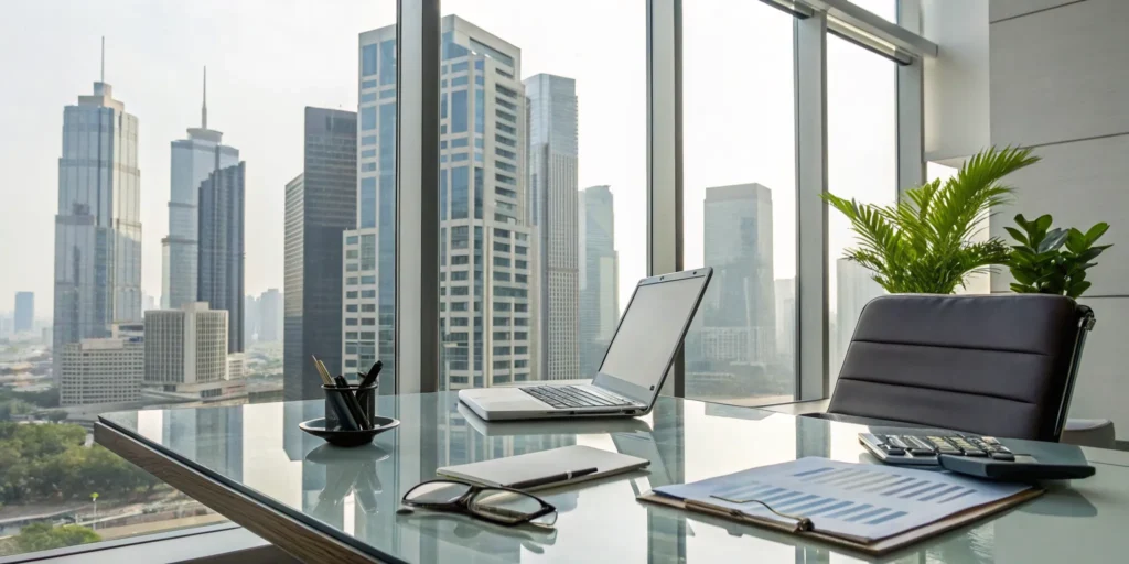 Laptop and financial documents on a desk for property investment accounting.