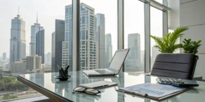 Laptop and financial documents on a desk for property investment accounting.