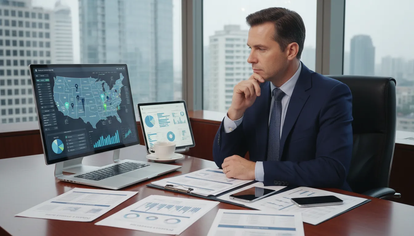 Advisor reviewing multi-state rental property tax filing records for real estate investors