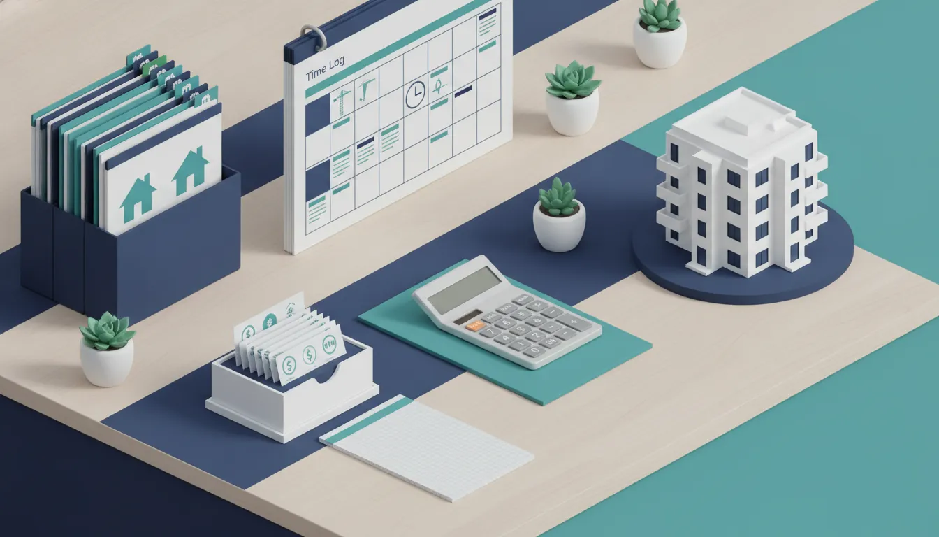 Organized real estate investor recordkeeping desk