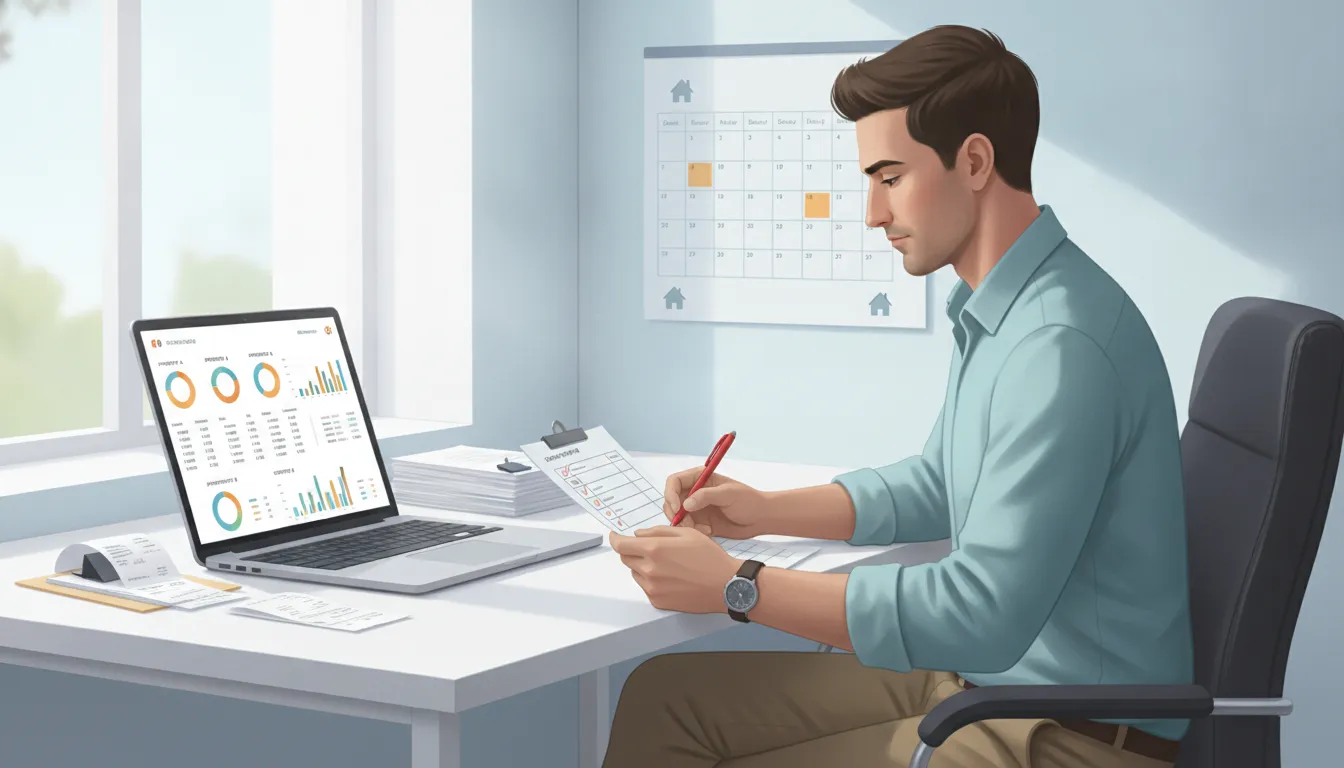 Multi-property vacation rental host reviewing a monthly bookkeeping checklist