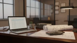 Commercial real estate accounting office with blueprints and spreadsheets