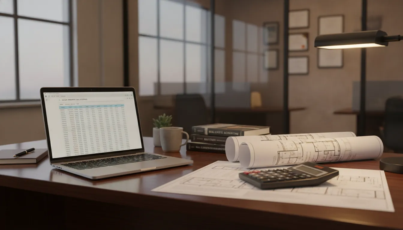 Commercial real estate accounting office with blueprints and spreadsheets