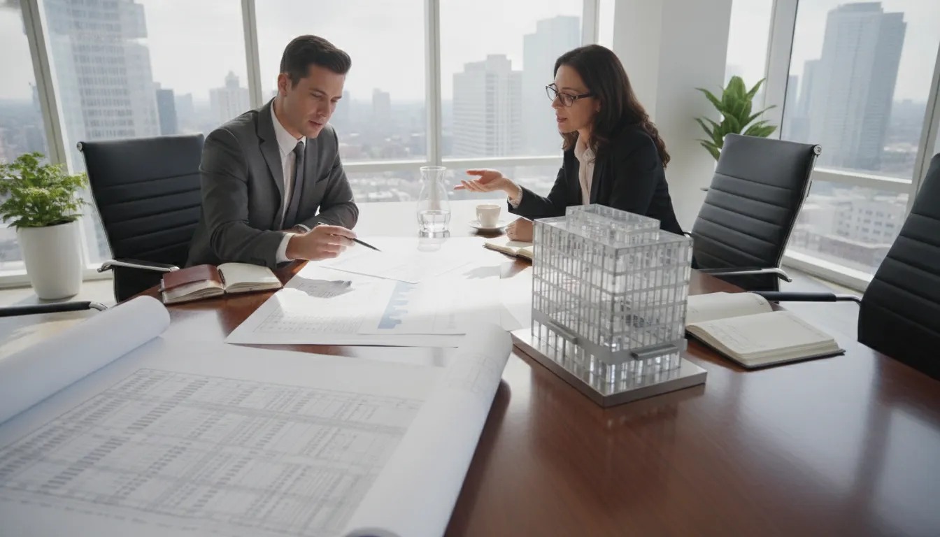 Real estate investor and CPA reviewing property documents and tax depreciation schedules in a modern office