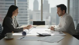 Real estate investor reviewing financial documents with a CPA in a modern office, property blueprints visible on the table