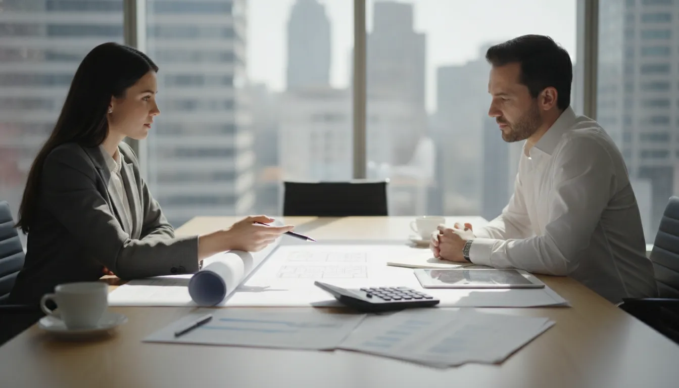 Real estate investor reviewing financial documents with a CPA in a modern office, property blueprints visible on the table