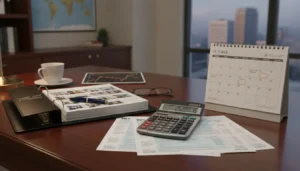 A real estate investor's desk with a calculator, tax forms, quarterly payment calendar, and property portfolio binder