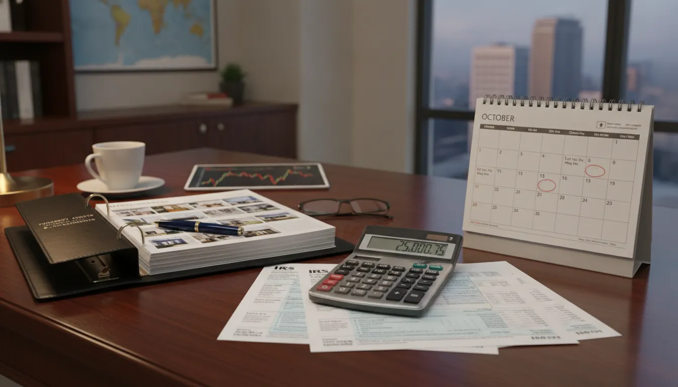 A real estate investor's desk with a calculator, tax forms, quarterly payment calendar, and property portfolio binder