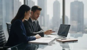 Real estate investor and loan officer reviewing financial reports together in a modern office