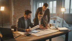 Real estate investor reviewing financial documents and blueprints at a renovation property with professional CPA office setting
