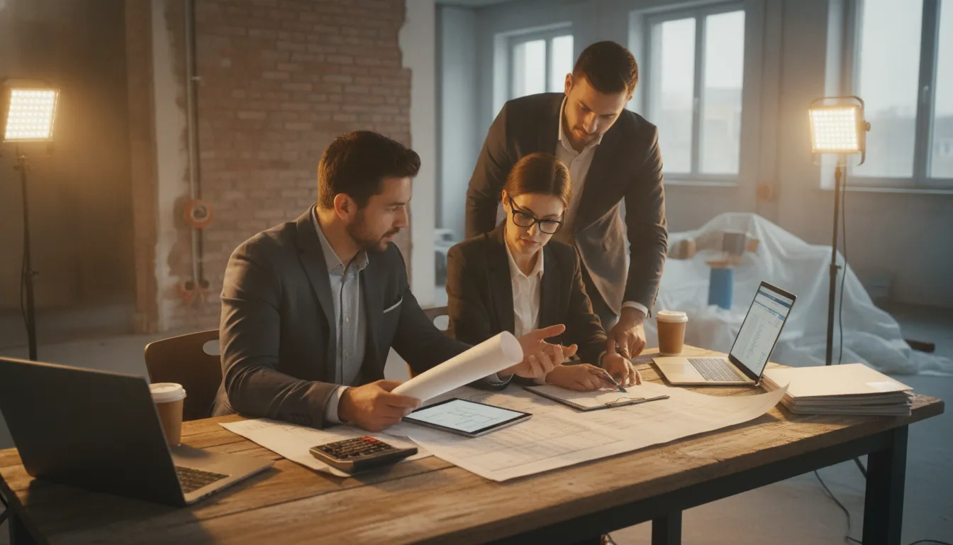 Real estate investor reviewing financial documents and blueprints at a renovation property with professional CPA office setting