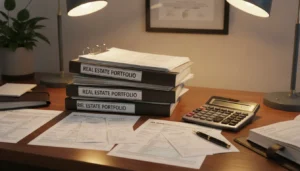 CPA workspace with real estate portfolio documents and tax forms on a clean desk