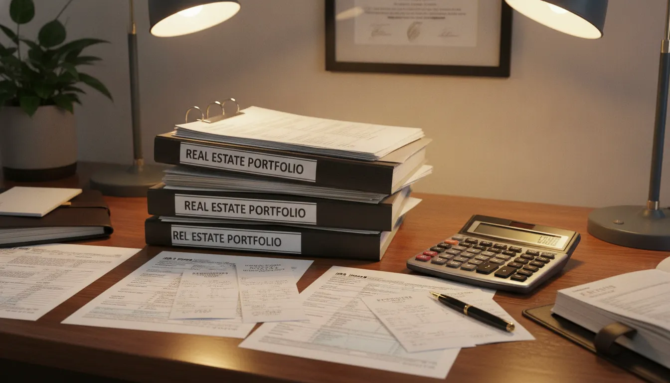 CPA workspace with real estate portfolio documents and tax forms on a clean desk