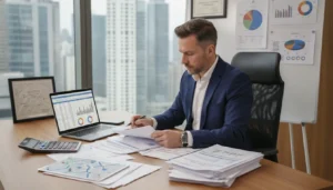 Real estate investor reviewing tax documents and financial reports at a desk