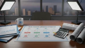 A professional real estate investment diagram with clean financial reports and blueprints on a desk.