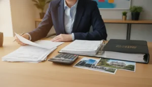 CPA reviewing tax documents and real estate portfolio on a desk