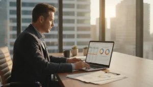 Real estate investor reviewing accounting software dashboard on laptop with portfolio reports