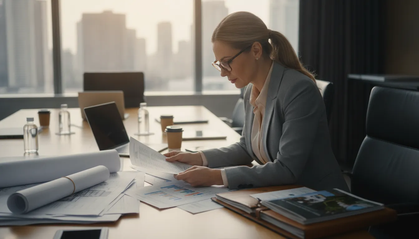 Real estate CPA and investor reviewing financial documents and property portfolio materials at a conference table